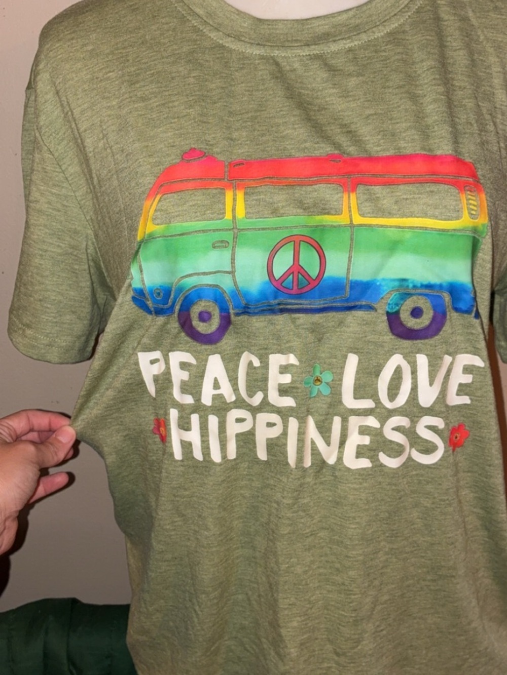 Peace Love Hippiness Olive Graphic Tee Medium Retro Hippie Van Shirt - Picture 2 of 4